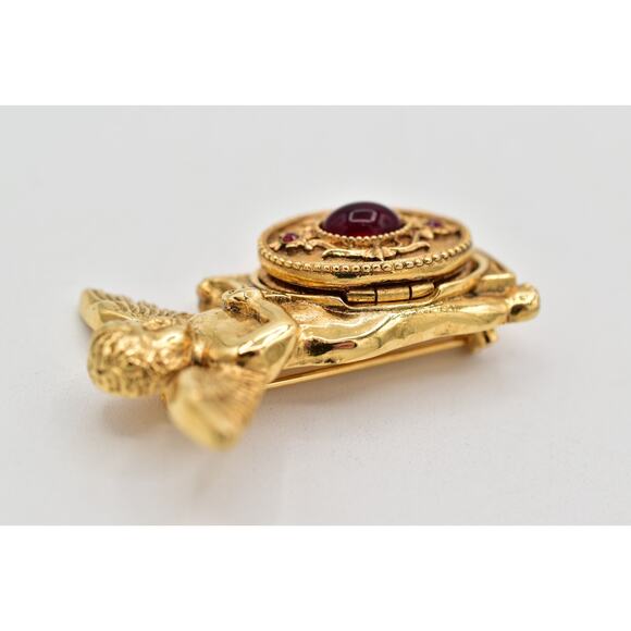 Vatican Library Vintage Angel Cherub Locket Pin Brooch Red Cabochon Signed BinBI - Picture 8 of 12